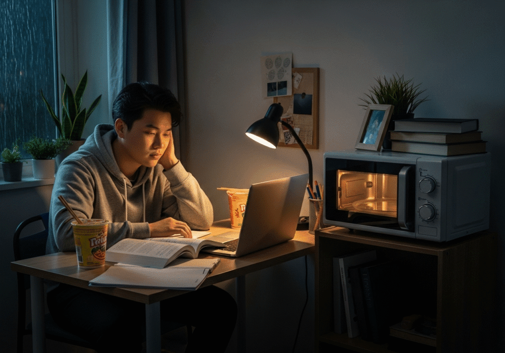 একজন প্রবাসী শিক্ষার্থী বা শ্রমিক তার ব্যস্ততার মাঝে মাইক্রোওয়েভে সহজ রান্নার মাধ্যমে স্বদেশের স্বাদ উপভোগ করার প্রস্তুতি নিচ্ছে।