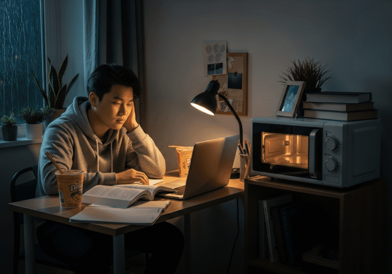 একজন প্রবাসী শিক্ষার্থী বা শ্রমিক তার ব্যস্ততার মাঝে মাইক্রোওয়েভে সহজ রান্নার মাধ্যমে স্বদেশের স্বাদ উপভোগ করার প্রস্তুতি নিচ্ছে।