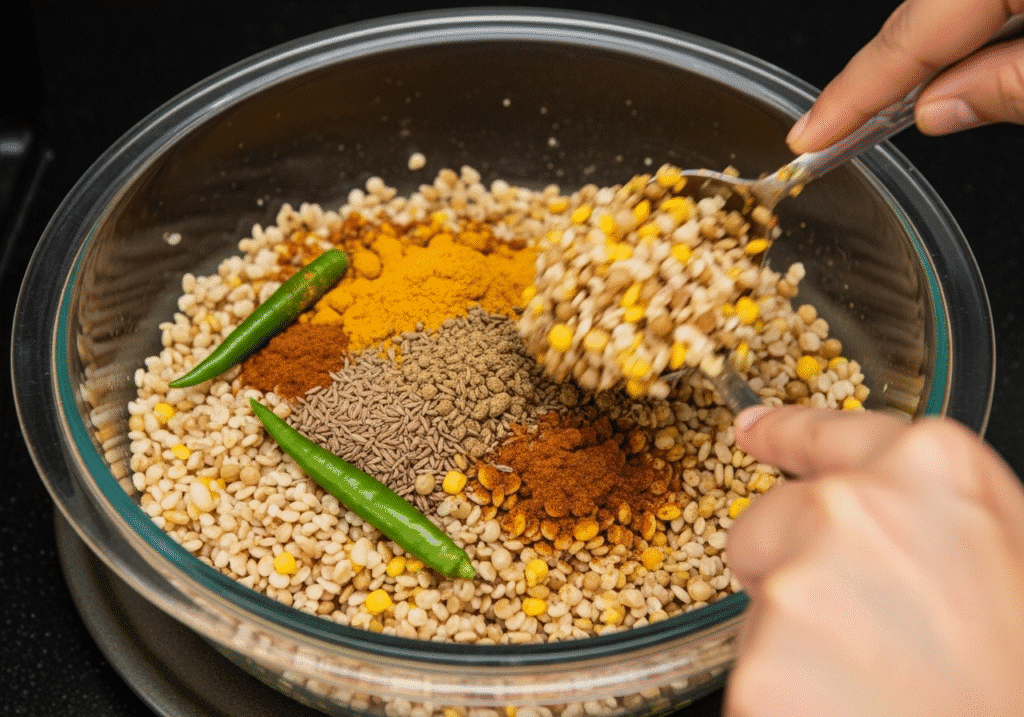 মাইক্রোওয়েভে খিচুড়ি রান্নার জন্য চাল, ডাল এবং প্রয়োজনীয় মসলা একটি পাত্রে একসাথে মেশানো হচ্ছে।