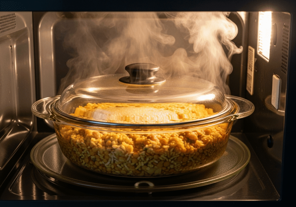 একটি মাইক্রোওয়েভ ওভেনের ভিতরে ঢাকনাযুক্ত পাত্রে খিচুড়ি রান্না হচ্ছে, যা দ্রুত ও সহজে খাবার তৈরির প্রক্রিয়া দেখাচ্ছে।