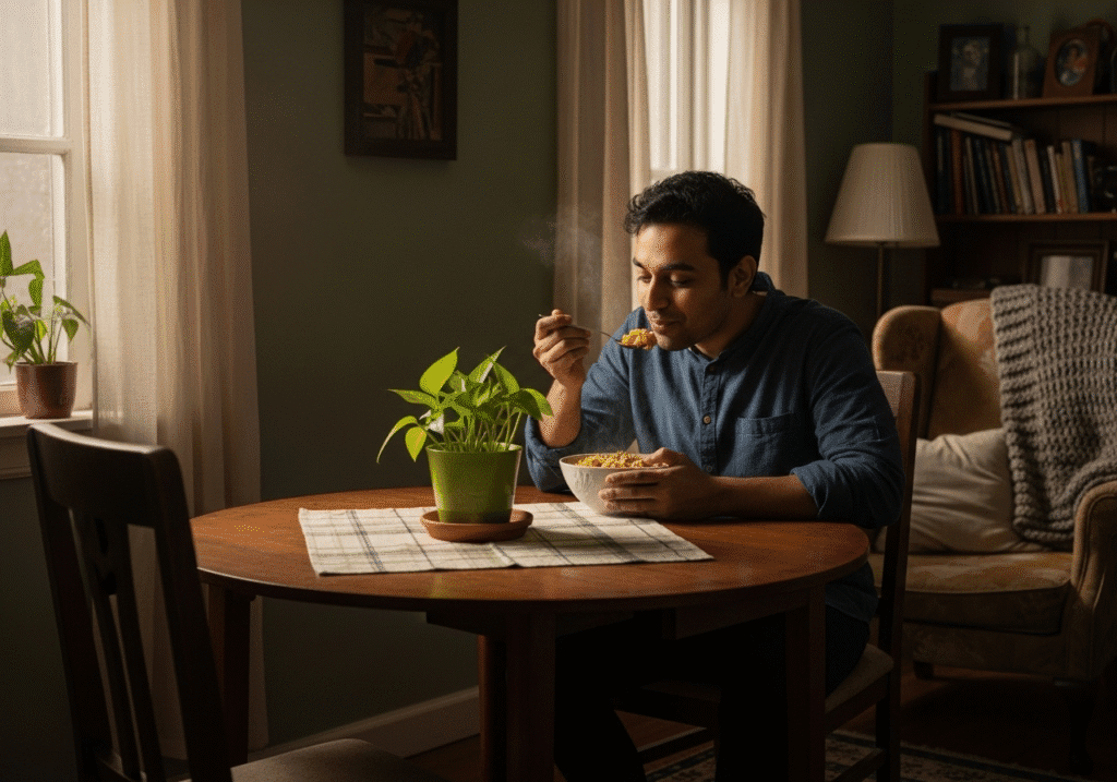 মাইক্রোওয়েভে রান্না করা সুস্বাদু ও ঝরঝরে গরম খিচুড়ি পরিবেশনের জন্য প্রস্তুত, যা প্রবাসে দেশি খাবারের স্বাদ এনে দেয়।