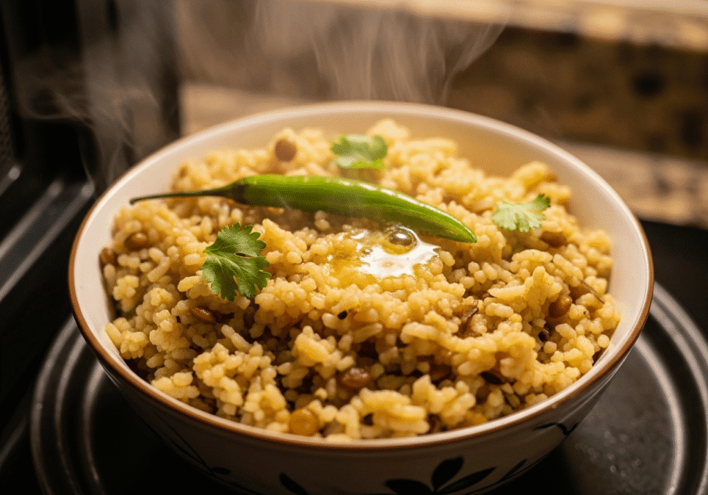 একজন প্রবাসী ব্যক্তি তার নিজ হাতে তৈরি গরম খিচুড়ি উপভোগ করছেন, যা প্রবাস জীবনে মানসিক শান্তি ও স্বস্তির ইঙ্গিত দেয়।