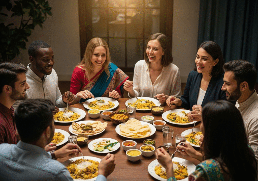 বিভিন্ন দেশের কয়েকজন প্রবাসী বন্ধু একসাথে বসে মাইক্রোওয়েভে তৈরি খিচুড়ি উপভোগ করছেন, যা প্রবাসে সামাজিকতা ও বন্ধুত্বের প্রতীক।