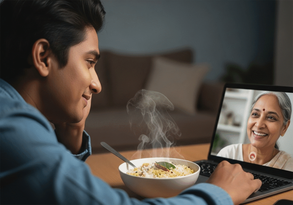 একজন প্রবাসী ভিডিও কলের মাধ্যমে তার পরিবারের সাথে কথা বলছেন, এবং তার সামনে গরম খিচুড়ি রাখা আছে, যা তাকে দেশের বাড়ির স্মৃতি ও মানসিক শান্তি দিচ্ছে।