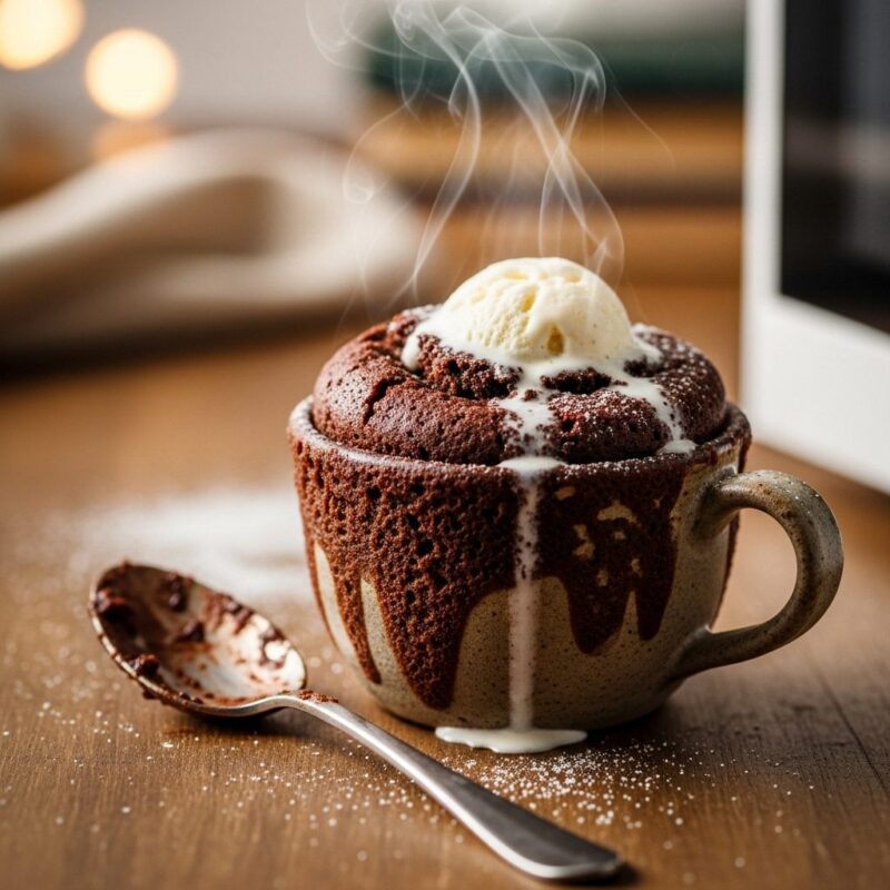 Chocolate mug cake freshly made in a microwave mug.