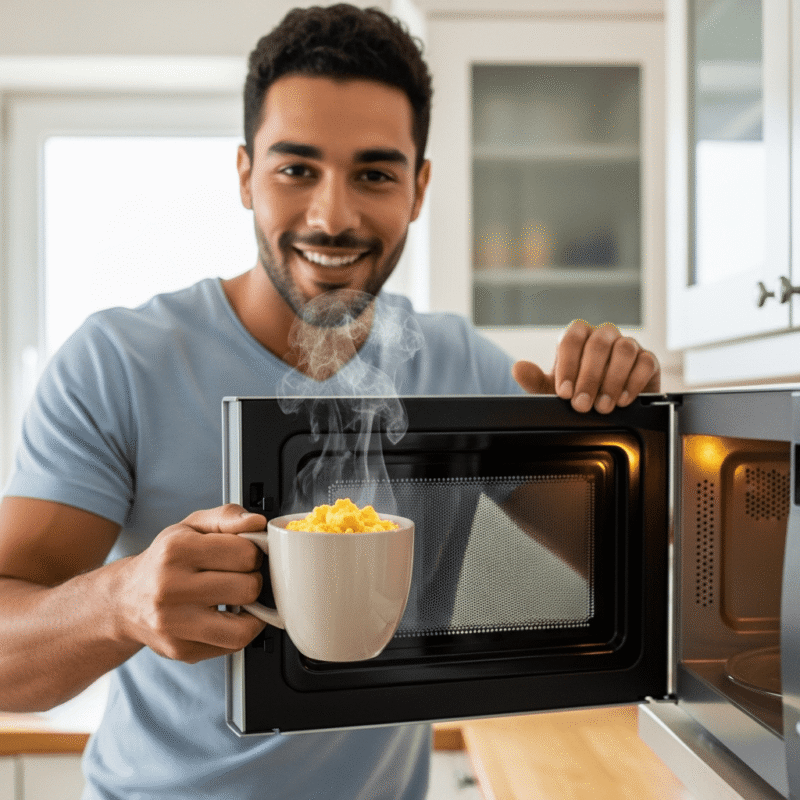A-bachelor-smiling-as-he-holds-a-freshly-made-mug-of-scrambled-eggs-from-the-microwave-showcasing-the-ease-of-microwave-cooking.
