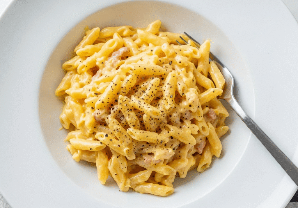 A close-up image of creamy microwave pasta carbonara in a white bowl, garnished with fresh black pepper and grated Parmesan cheese..
