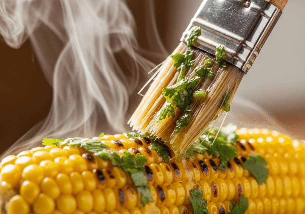 A close-up of melted herb butter being brushed onto a hot ear of microwaved corn.