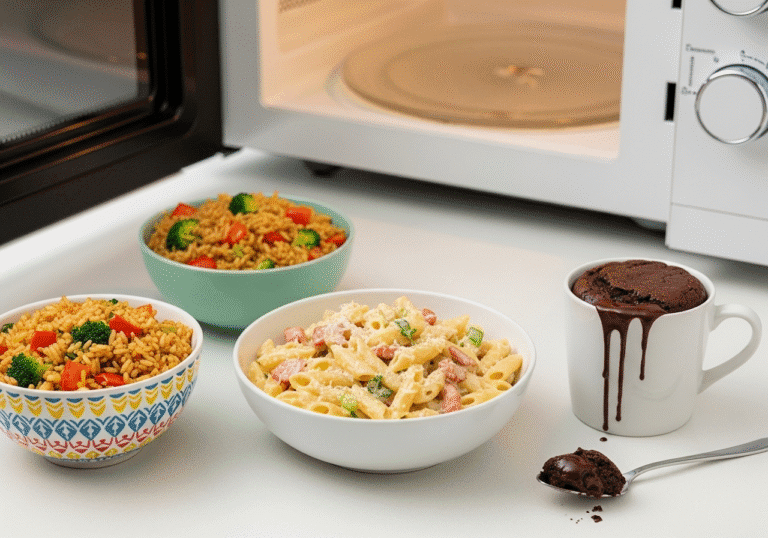 A-collection-of-quick-microwave-recipes-including-pasta-carbonara-a-chocolate-mug-brownie-and-veggie-fried-rice-arranged-on-a-kitchen-counter.