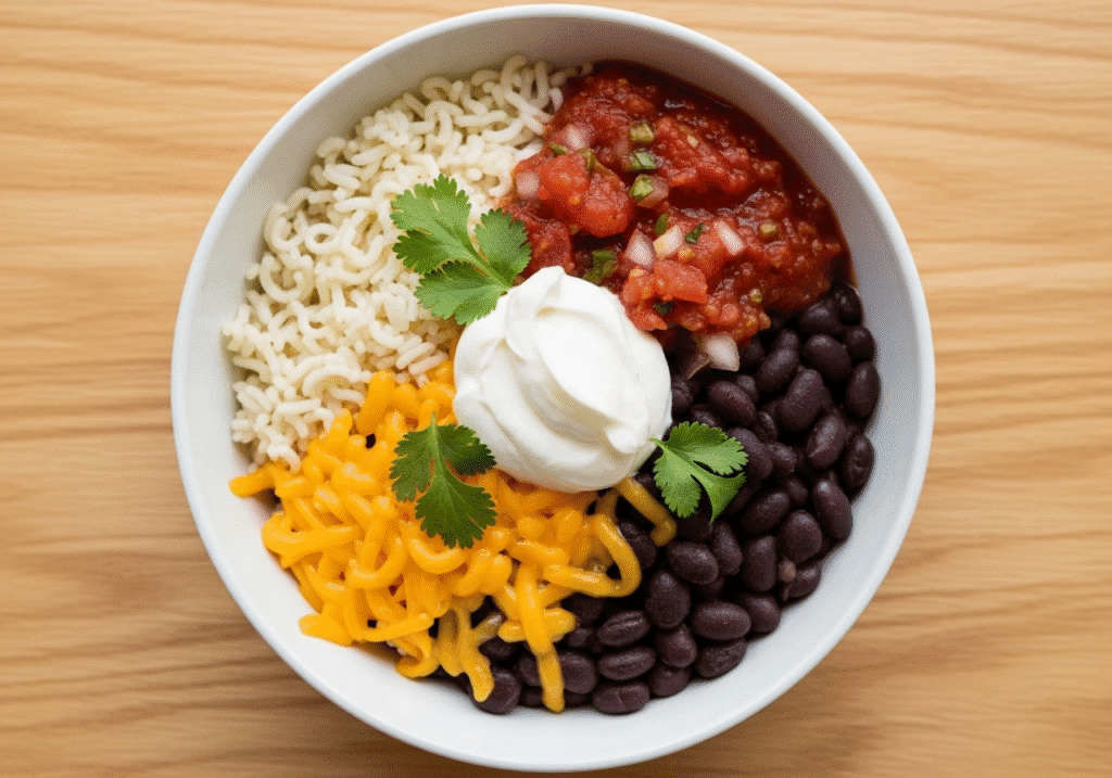 A colorful and appetizing microwave-made burrito bowl with rice, beans, salsa, and cheese, ready to eat in minutes..