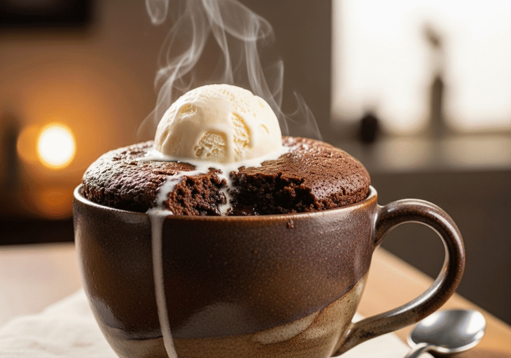 A decadent chocolate mug brownie in a large white mug, with a small spoon dipped into its gooey center..