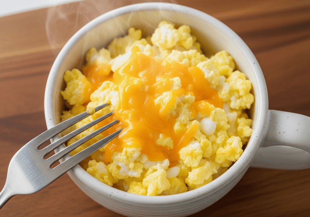A delicious and quick microwave egg mug for a student breakfast, with fluffy eggs and melted cheese..