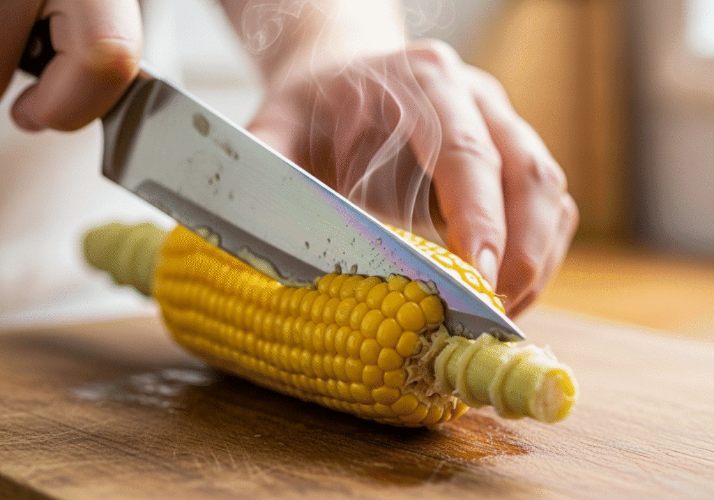 A hand using a knife to cut the stalk end off a cooked ear of corn on a wooden cutting board.