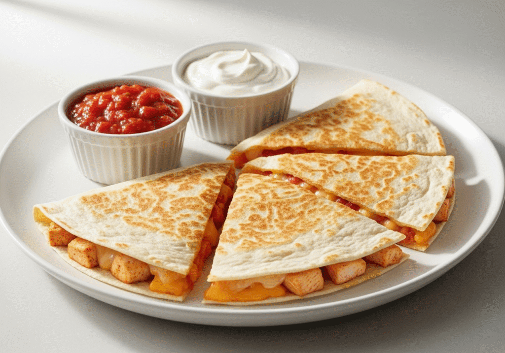 A microwave quesadilla on a plate, sliced into triangles to show the melted cheese and chicken filling inside..