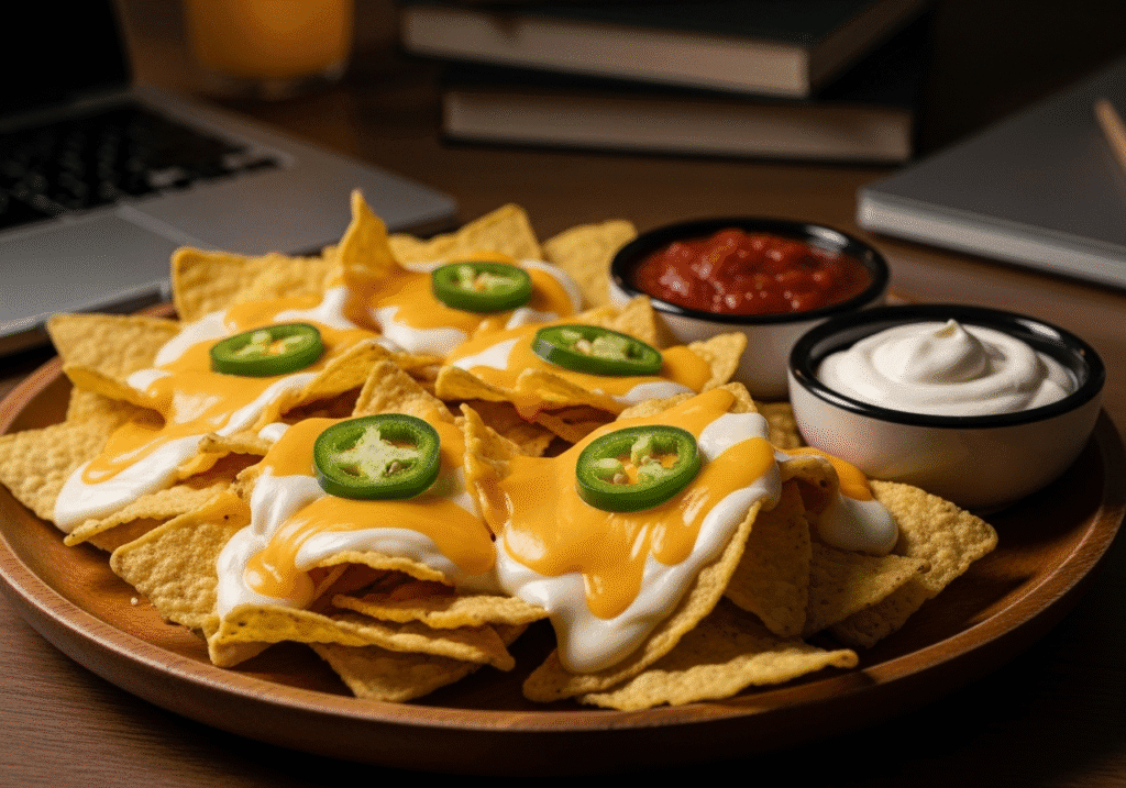 A plate of easy microwave nachos with melted cheese, salsa, and sour cream, representing a perfect snack for a student's late-night study session..