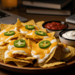 A-plate-of-easy-microwave-nachos-with-melted-cheese-salsa-and-sour-cream-representing-a-perfect-snack-for-a-students-late-night-study
