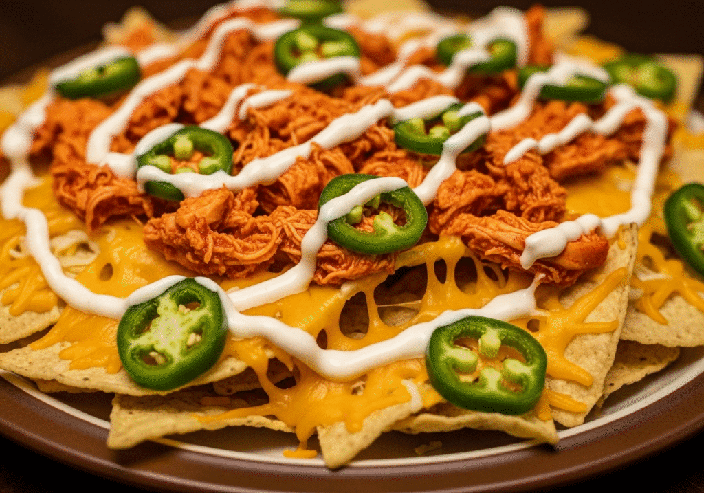 A plate piled high with microwave buffalo chicken nachos, generously topped with melted cheddar cheese, jalapeños, and a drizzle of ranch.
