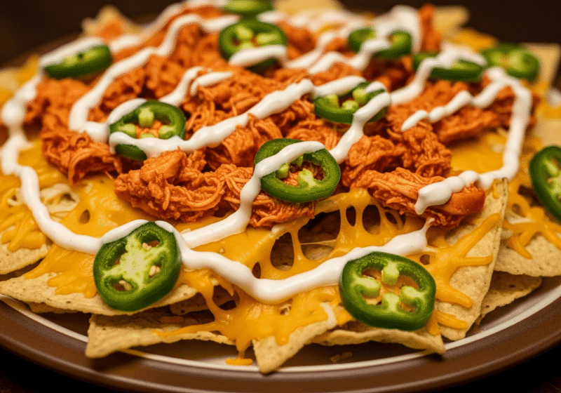 A plate piled high with microwave buffalo chicken nachos, generously topped with melted cheddar cheese, jalapeños, and a drizzle of ranch..849Z