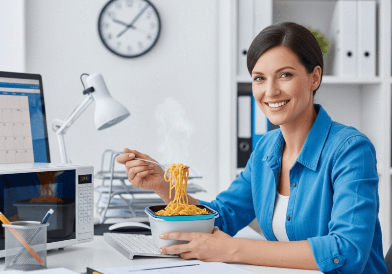 A professional eating a quick and delicious microwave pasta meal at their desk during a short office lunch break.
