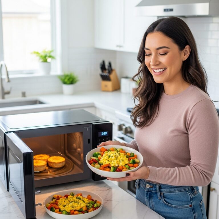 A smiling young adult confidently holding a bowl of perfect microwave..