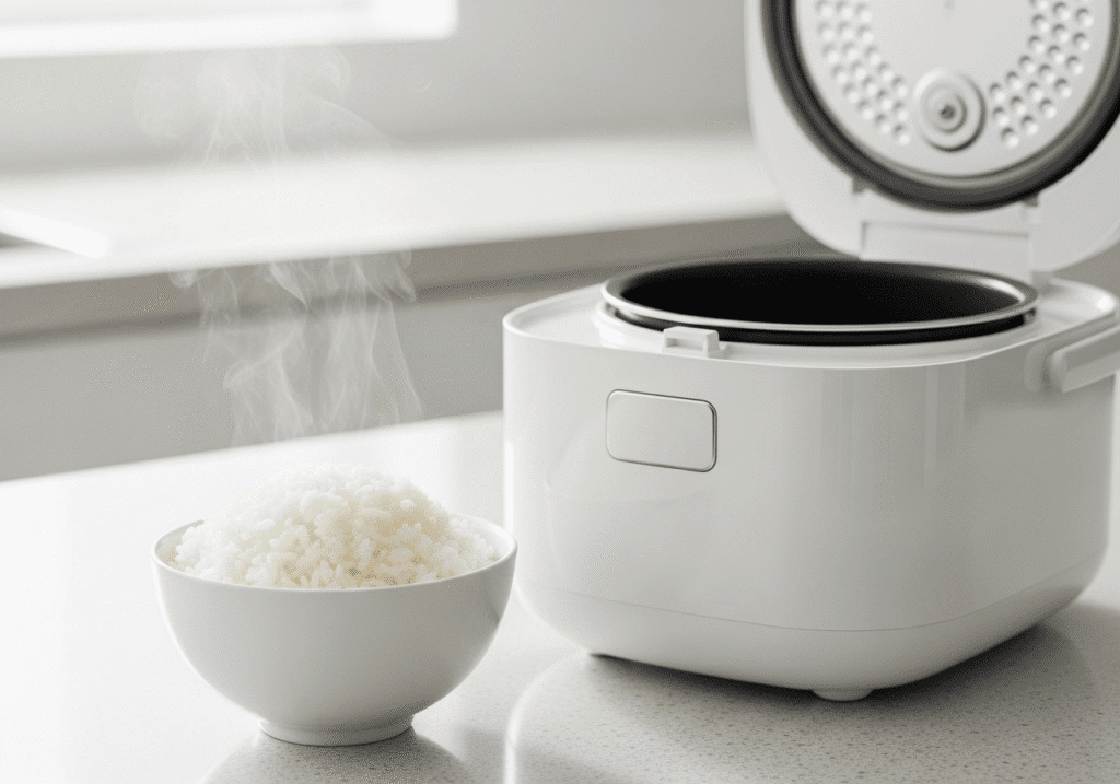 A-steaming-bowl-of-perfectly-cooked-fluffy-white-rice-sits-next-to-a-simple-white-microwave-rice-cooker-on-a-kitchen-counter.
