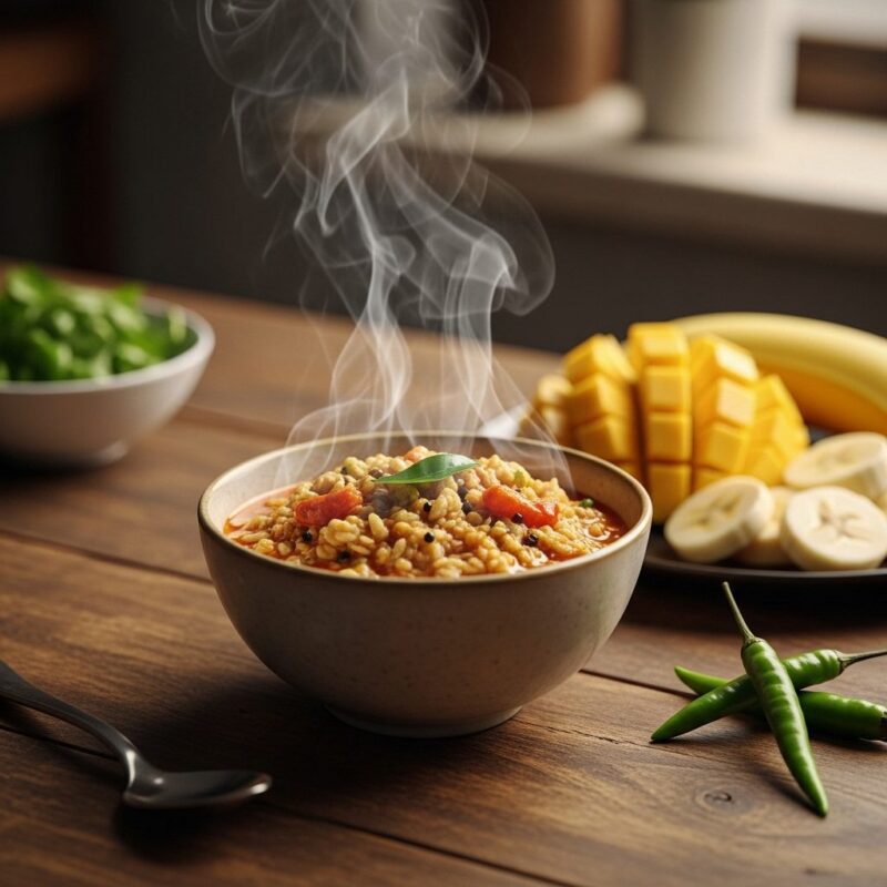 A warm bowl of simple spiced khichuri (lentil and rice mix) or oatmeal, ready to eat.