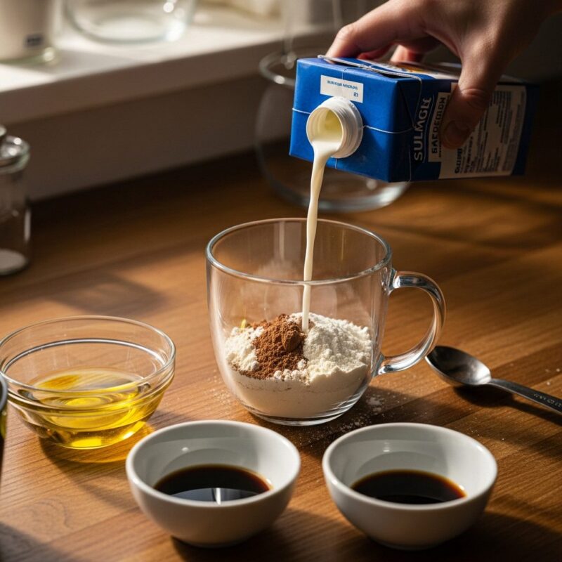 Adding wet ingredients to mug, milk, oil, vanilla.