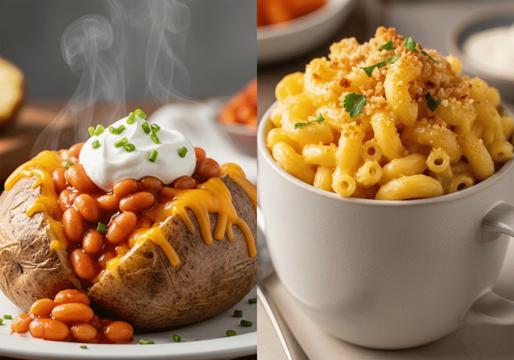 An appetizing loaded baked potato and a creamy mug of macaroni and cheese, showing two easy microwave lunch ideas for students..