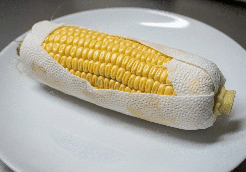 An ear of shucked corn tightly wrapped in a damp paper towel, ready for the microwave.