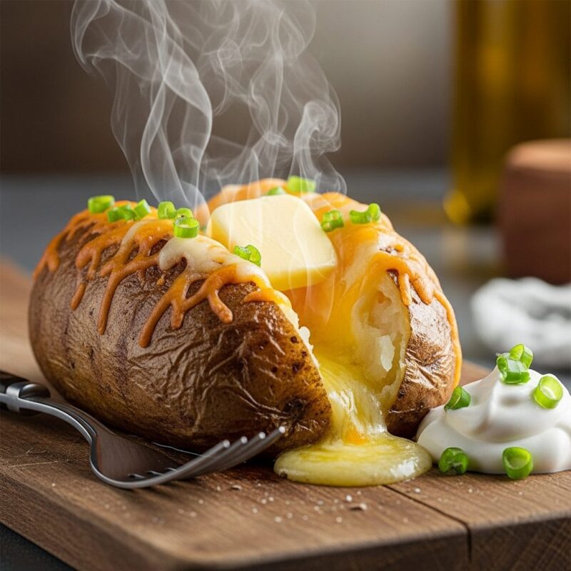 Baked potato cut open and generously topped with melting butter and cheese, steaming gently.