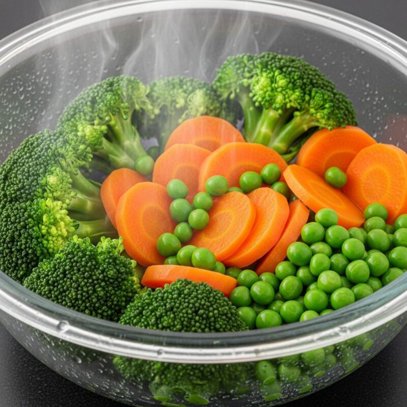 Brightly colored steamed vegetables (broccoli, carrots) in a covered glass bowl, retaining their freshness.