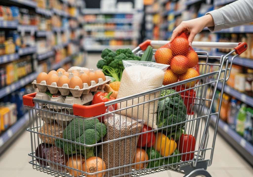 একটি শপিং কার্ট ডিম, চাল, ডাল এবং মৌসুমী সবজিতে ভরা, যা সাশ্রয়ী মূল্যে কেনাকাটার গুরুত্ব বোঝায়।