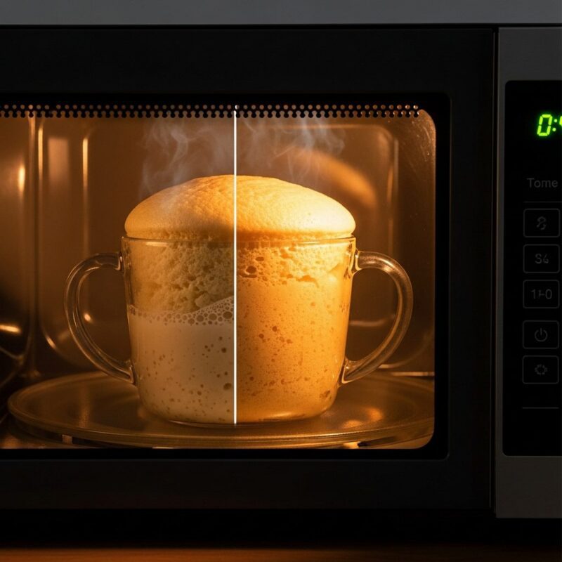 Cake rising in microwave, mug, cooking process.