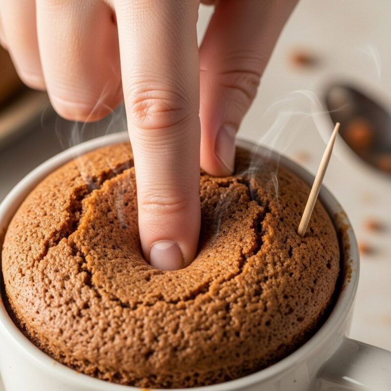Checking microwave cake for doneness, springy texture.