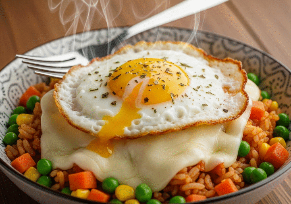 একটি বাটিতে ভাত, সবজি, গলানো পনির এবং উপরে একটি ভাজা ডিম, যা মাইক্রোওয়েভ থেকে সদ্য বের করা হয়েছে।