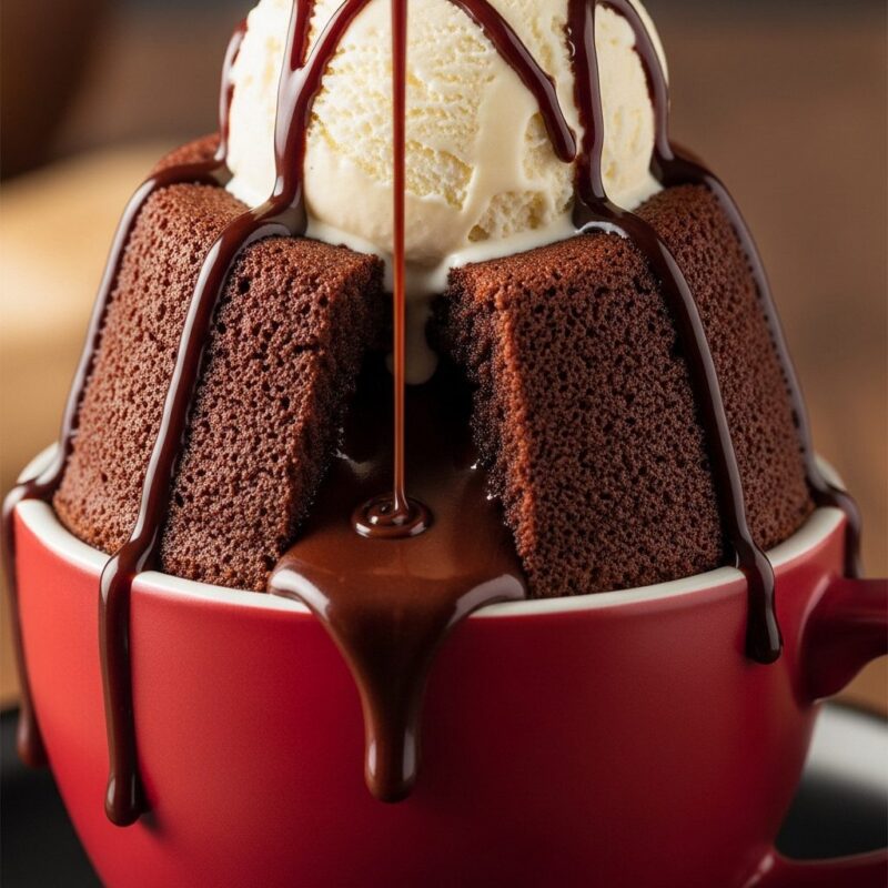 Chocolate mug cake rising out of a ceramic mug, topped with a scoop of vanilla ice cream or syrup.