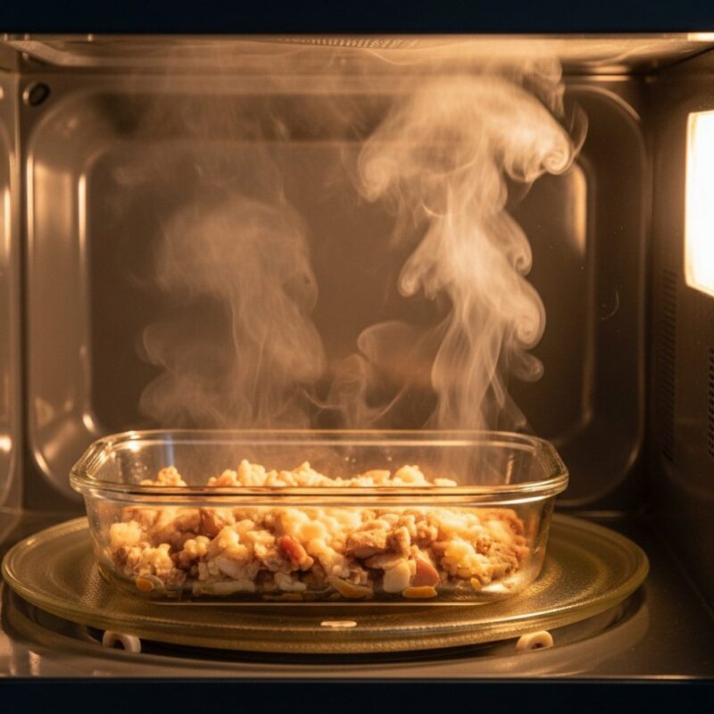 Close-up of food rapidly cooking in a glass bowl on a microwave turntable, symbolizing speed and convenience.