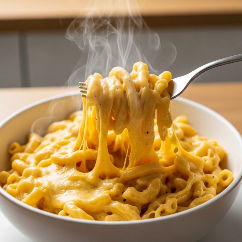 A close-up of creamy, steaming cheese pasta in a white ceramic bowl, made in a microwave, with a fork lifting a strand of melted cheese.