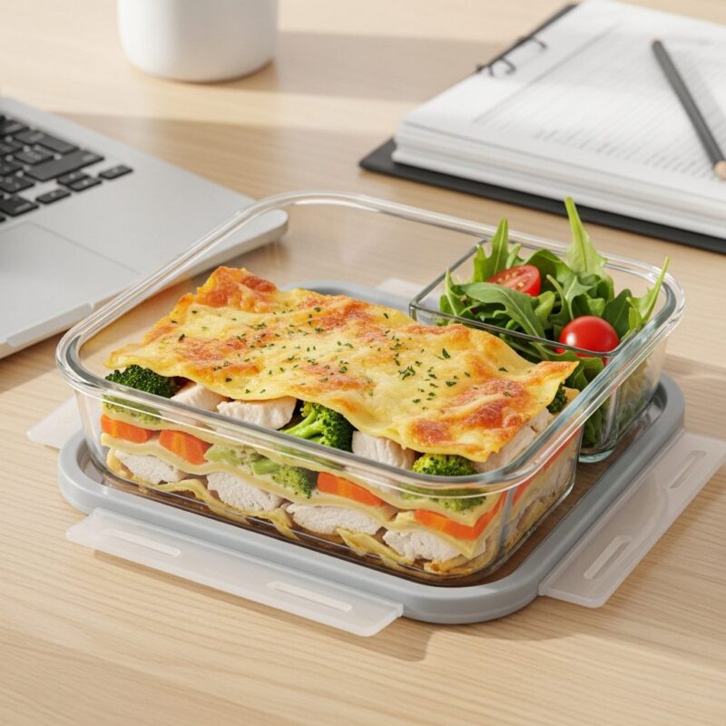 Portion of baked pasta casserole, easy office lunch.