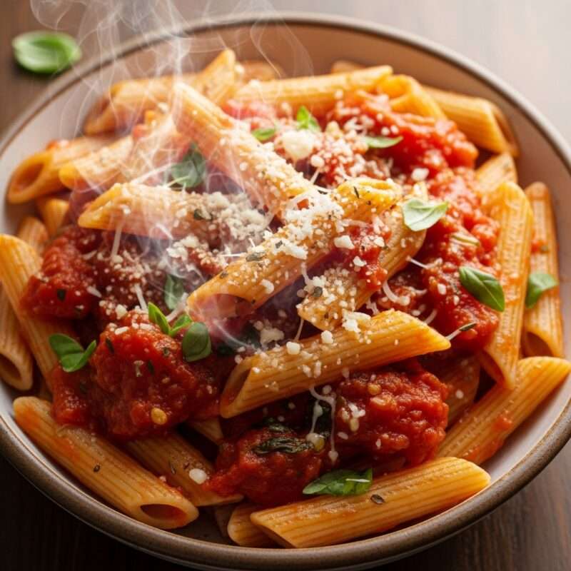 Steaming penne pasta with marinara sauce, grated parmesan cheese, and fresh basil in a brown bowl.