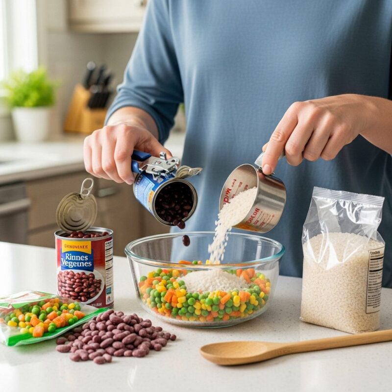 Hands preparing ingredients in a bowl for a quick microwave power bowl meal.