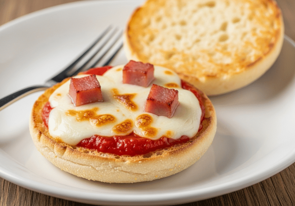 কটি ইংলিশ মাফিনের অর্ধেক অংশে তৈরি দ্রুত ব্রেকফাস্ট পিৎজা, উপরে গলানো মোজারেলা পনির, টমেটো সস এবং রান্না করা হ্যাম।