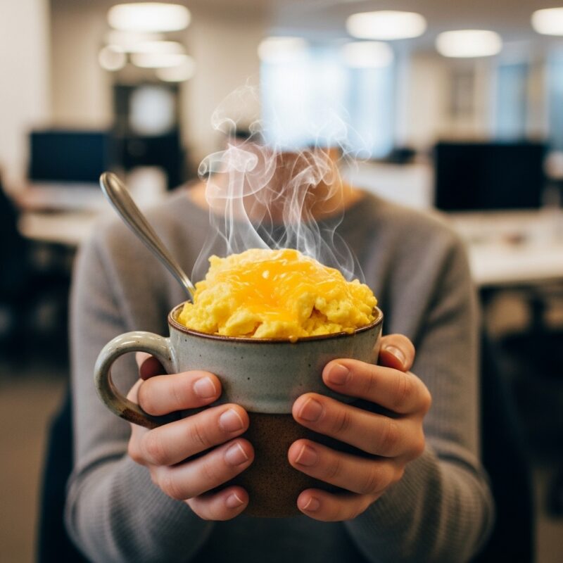 Person holding steaming mug of fluffy scrambled eggs in office setting with laptop and desk visible in background.