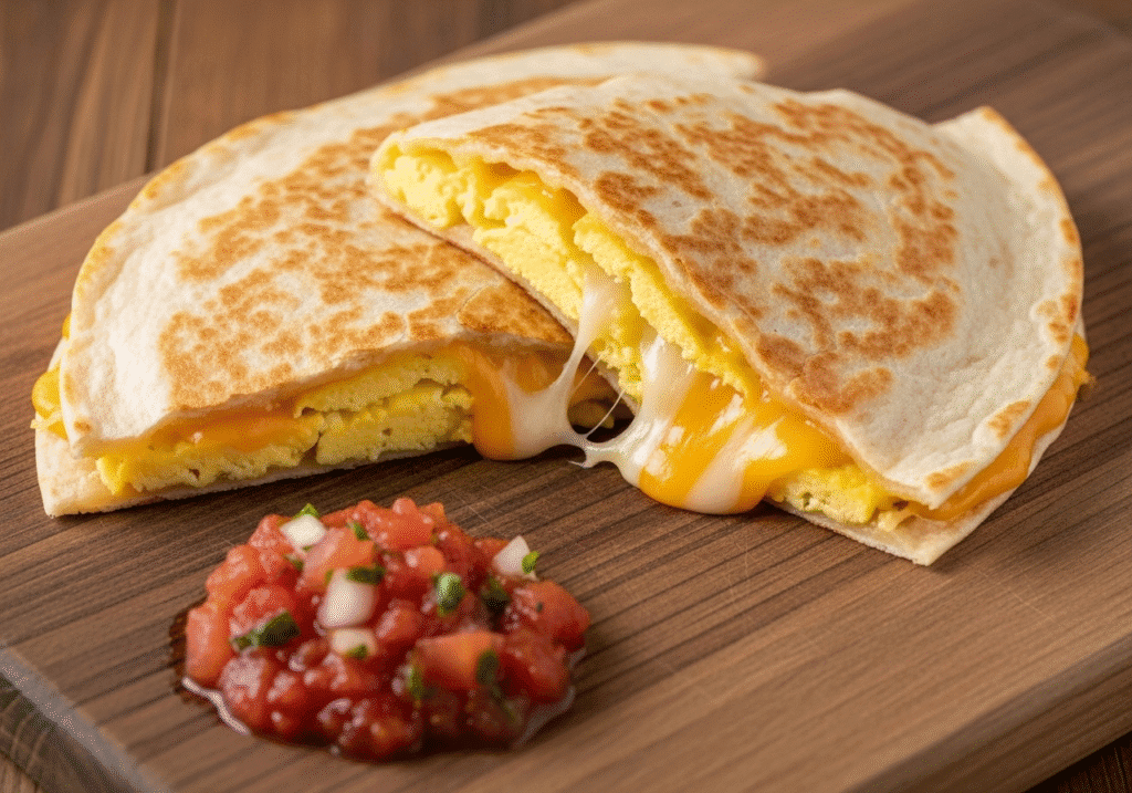 একটি রঙিন সিরামিকের মাগে তুলতুলে ভাজা ডিম, উপরে চিবানো চাইভস এবং গলানো পনির।