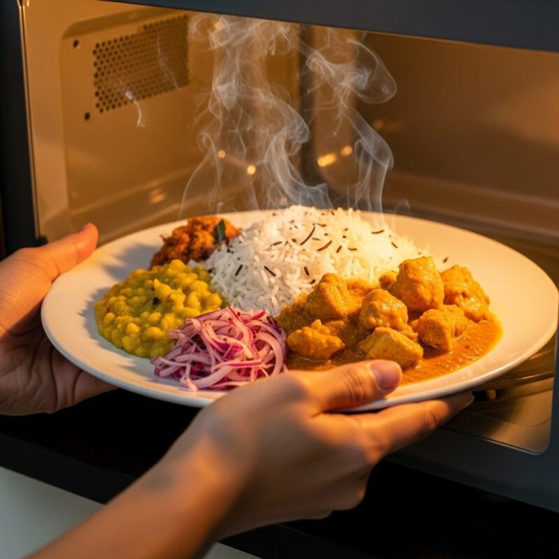 Hot meal being taken out of a microwave – time-saving cooking