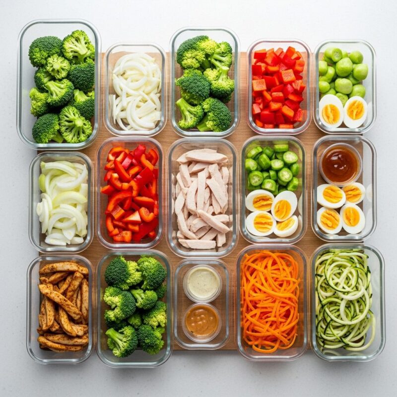 Meal prepping containers with chopped vegetables and ingredients ready for quick microwave use.