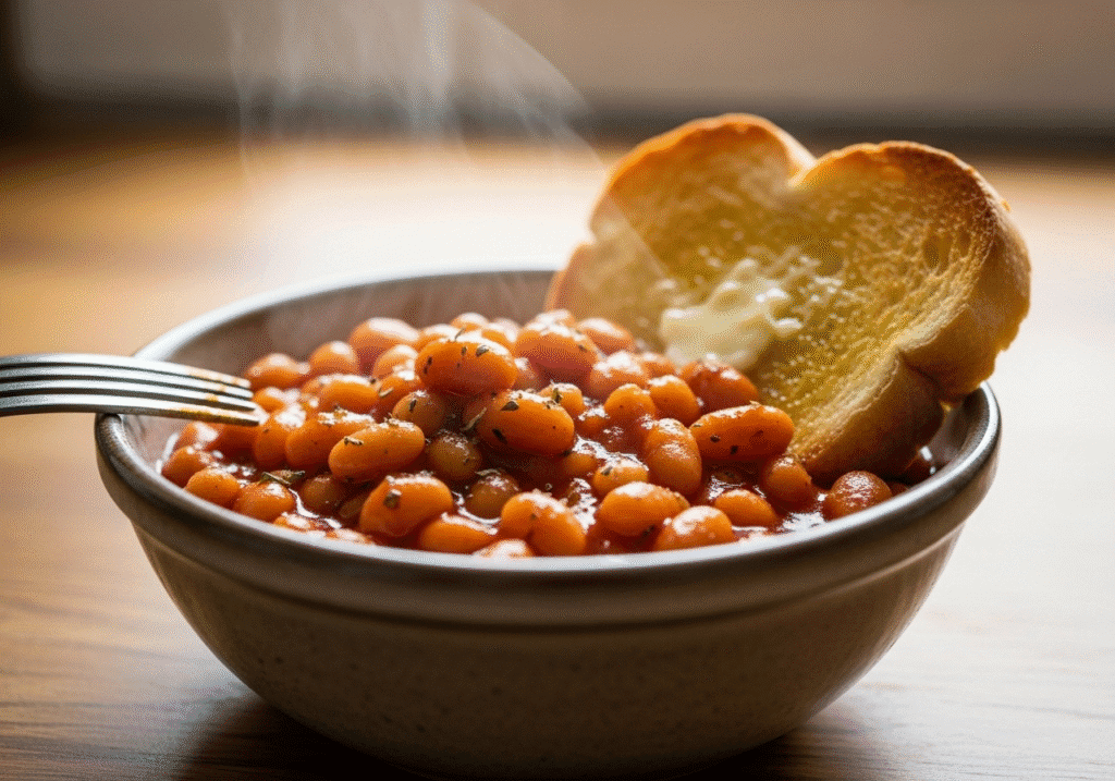  টোস্টের সাথে গরম বেকড বিন্স, যা একটি দ্রুত এবং পশ্চিমা স্টাইলের সকালের নাস্তা।
