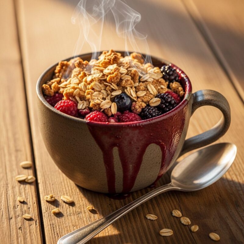 Warm microwave berry crumble dessert for guilt-free weight loss snacking.
