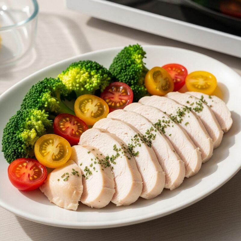 Tender microwave chicken breast with vegetables for healthy weight loss.
