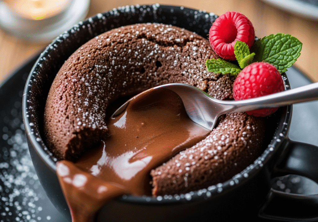 একটি মাগে গলিত চকলেট লাভা কেক, যার উষ্ণ চকলেট কেন্দ্র বেরিয়ে আসছে, একটি অসাধারণ ডেজার্ট।
